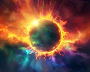 Wall Mural - Vibrant Solar Flares Generating Aurora Like Effect in Cosmic Space