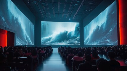 Aufkleber - A large theater with all white walls using projectors as backgrounds. The images from the projector are on all 4 walls so both the stage and the audience is surrounded.