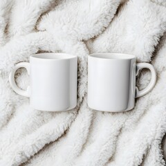 Two plain white mugs are placed on a soft, fluffy blanket, creating a cozy and inviting atmosphere.