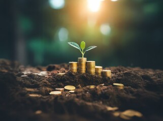 A small plant sprouts from the top of stacked gold coins in the ground.