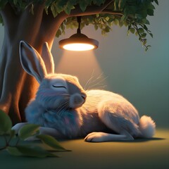 cute bunny is sleeping under the tree