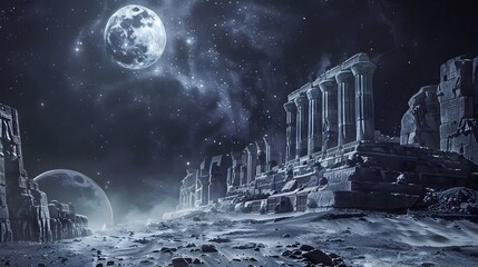 Wall Mural - Majestic Ancient Moon Temple Ruins Under Starry Night Sky