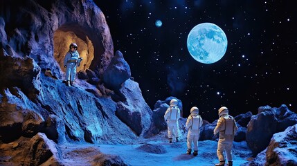Wall Mural - astronauts exploring a lunar landscape with a large moon in the sky