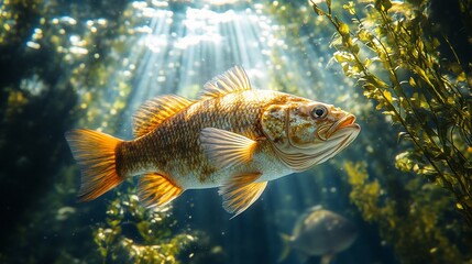 Wall Mural - A single fish swims through the sunlight in an underwater kelp forest.