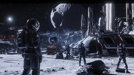 Wall Mural - astronauts standing on a lunar surface near a futuristic space station