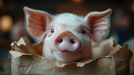 Wall Mural - A cute piglet peeking out from a paper bag, showcasing its charm.