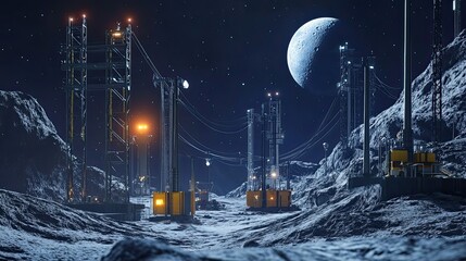 Wall Mural - lunar mining base with cranes and power lines under a crescent moon
