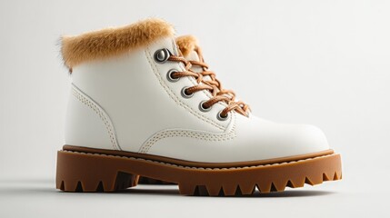 White leather ankle boots with brown fur trim and a thick rubber sole.