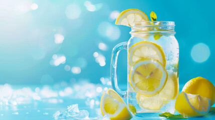 Wall Mural - Lemonade on blue background close up. Summer drinks and vacation concept. Sunny day shadows, copy space