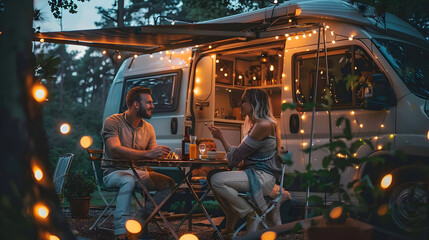 People enjoying camping lifestyle and van life travel wanderlust - caucasian men and woman have fun and dinner outside a vintage van - evening time with lights and romance