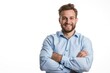 © Vlad - Man White Background. Handsome Businessman in Blue Shirt Standing with Crossed Arms, Corporate Isolated Portrait