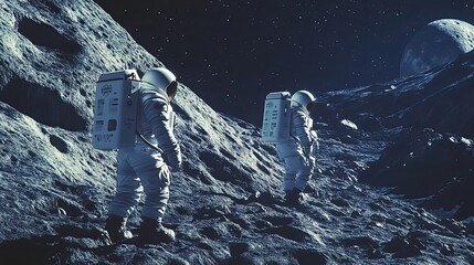 Wall Mural - two astronauts walking on a desolate lunar landscape with a distant moon in the background.