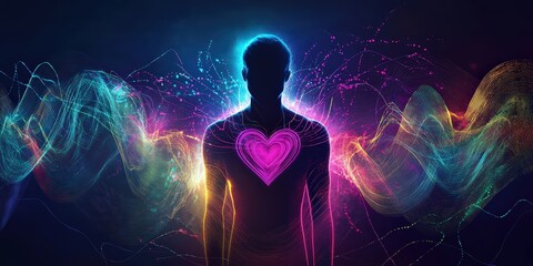 A person with a heart shape outlined on their chest, surrounded by colorful energy.