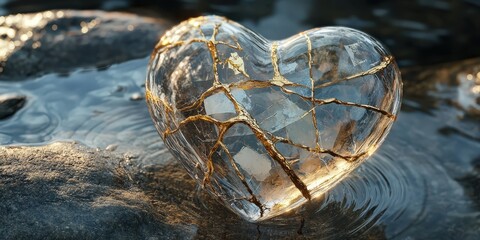 A glass heart, cracked and held together with gold, sits on water-covered rocks.