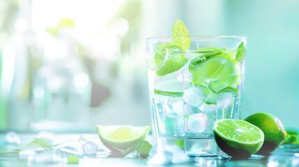 Wall Mural - Fresh summer detox cocktail with mint and lime. Summer holiday background, cold drink.