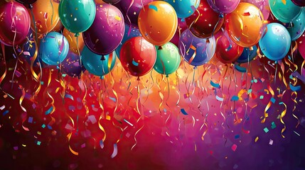 a festive birthday background filled with balloons, streamers, and confetti in vibrant colors. the d