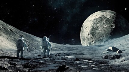 Wall Mural - two astronauts exploring a cratered moon landscape