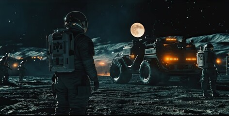 Wall Mural - astronauts standing on moon with futuristic vehicle