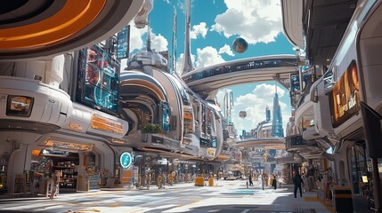 Wall Mural - Futuristic City Street with Arched Buildings and Floating Spheres