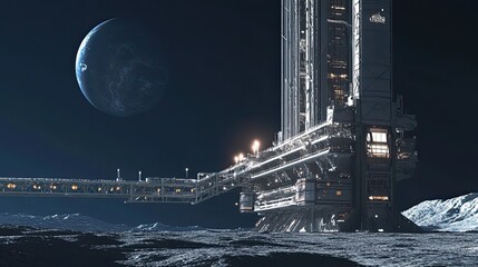 Wall Mural - futuristic space station docked on a moon-like landscape