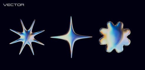 Wall Mural - three holographic chrome element in y2k style. 3d abstract futuristic stars and flower isolated on d