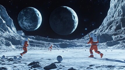 Wall Mural - astronauts running on a lunar surface with two moons in the background