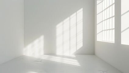 Abstract white room interior with window light and shadow on wall background, clean and minimal white background with geometric light elements for business