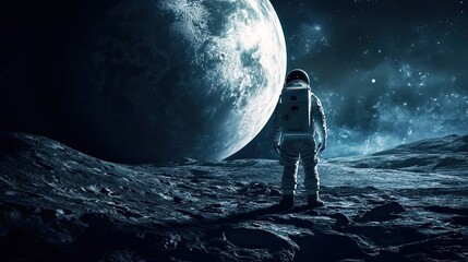 Wall Mural - astronaut standing on a lunar surface with a large planet in the background.