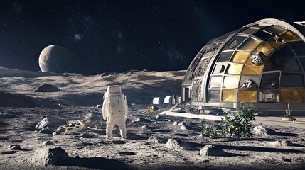 Wall Mural - astronaut standing on a lunar surface with a futuristic space station in the background