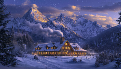 Wall Mural - A cozy mountain lodge surrounded by snow-covered peaks, evoking warmth and tranquility in a winter landscape.