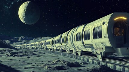 Wall Mural - futuristic train traveling on an alien landscape under a crescent moon