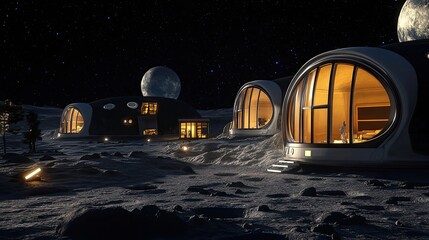 Wall Mural - lunar colony with domes under a starry sky