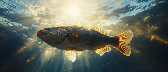 Fish swims through sunlit water.