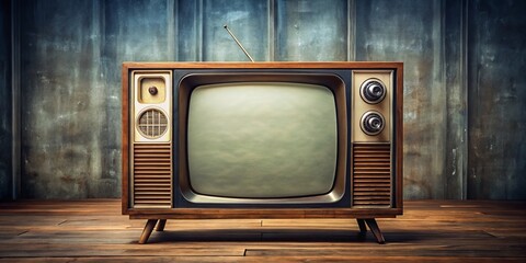 Vintage Television on Wooden Floor with Retro Background, vintage tv, retro television, old tv