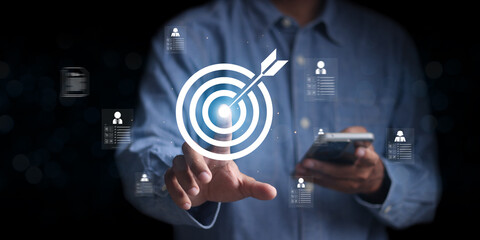 Wall Mural - businessman touch target icon business growth and vision, target plans, goal achievement the path to