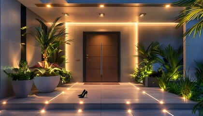 Wall Mural - Stylish Foyer Featuring Elegant Ambient Lighting and a Touch of Glamour with Decorative Plant and High Heel Accent