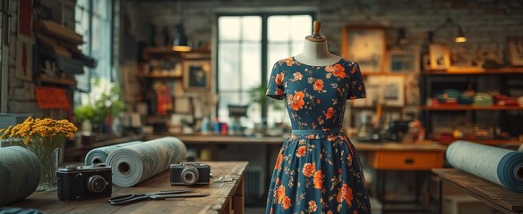 Poster - Fashion Studio with a Floral Dress on a Mannequin