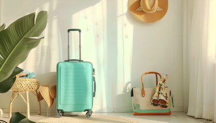 Wall Mural - Suitcase packed for trip and summer accessories near white wall indoors