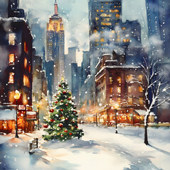 Watercolor winter urban city on Christmas night with Christmas tree and snow greeting card