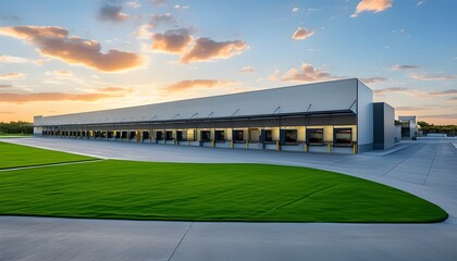 Expansive panoramic view of a distribution center surrounded by manicured landscaping under a clear blue sky