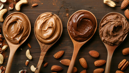 Wall Mural - Tasty nut butters in spoons and raw nuts on brown table, closeup