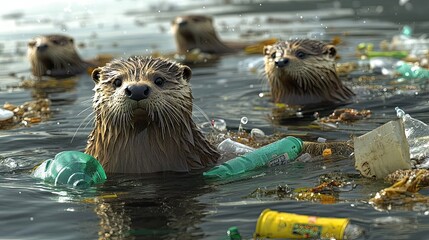 Poster - Otter Swimming in Polluted Water with Plastic Debris