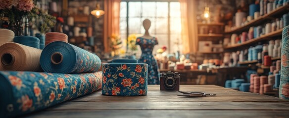 Poster - Fabric Rolls on a Wooden Table in a Sewing Workshop