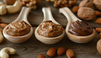 Wall Mural - Tasty nut butters in spoons and raw nuts on brown table, closeup