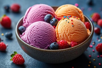 Wall Mural - Close Up of Delicious Ice Cream Scoops with Berries