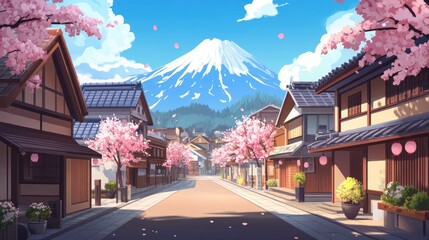 Wall Mural - Cartoon landscape of a Japanese town with Mount Fuji in the backdrop. Streets adorned with lanterns, traditional homes, and blossoming cherry trees.