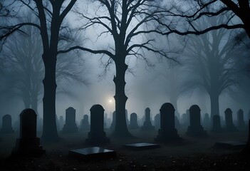 Silhouettes of gravestones in a foggy cemetery at night, with trees and a dark sky in the background