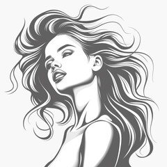 Canvas Print - A woman with long hair is shown in a black and white drawing. The drawing is of a woman with long hair and a smile on her face. The woman's hair is flowing in the wind