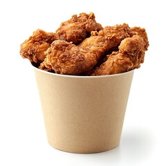 Poster - Delicious crispy golden brown fried chicken in paper bucket served on white background 