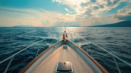 Poster - On Boat. Wide Angle View of Luxury Yacht Bow in the Adriatic Sea